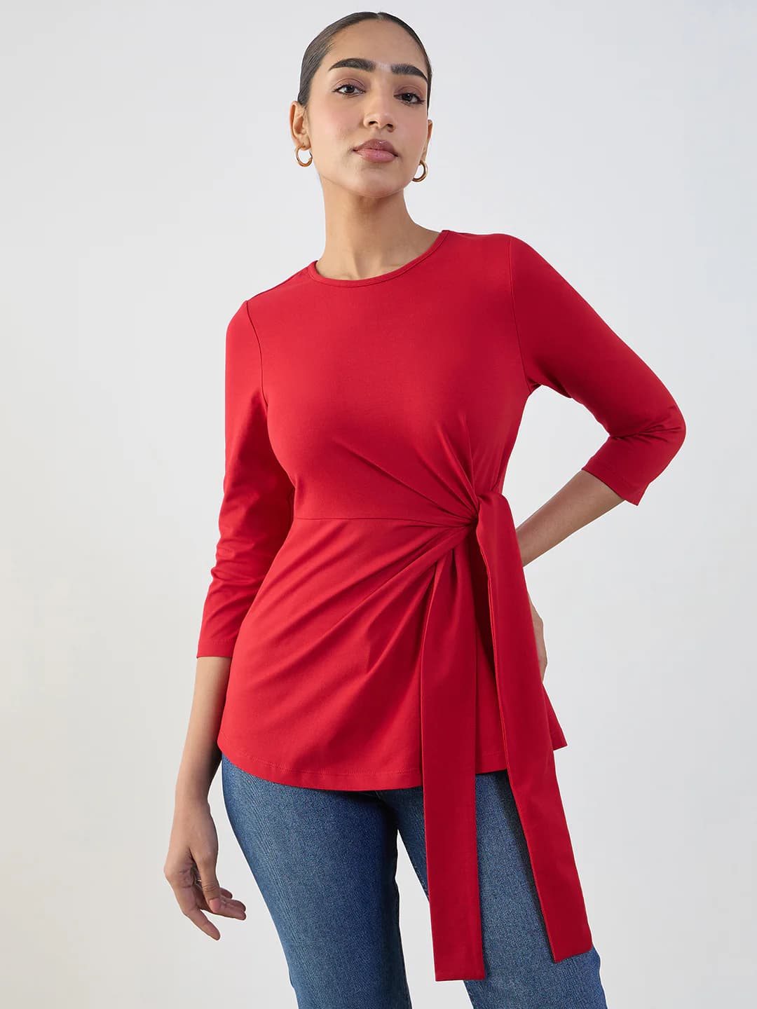 Women's Red Casual Solid Regular Fit Round Neck Top