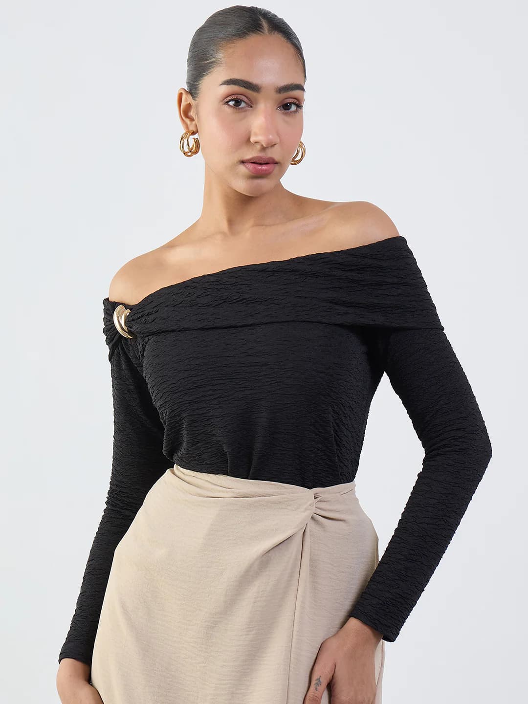 Women's Black Party Self-Design Slim Fit Off Shoulder Top