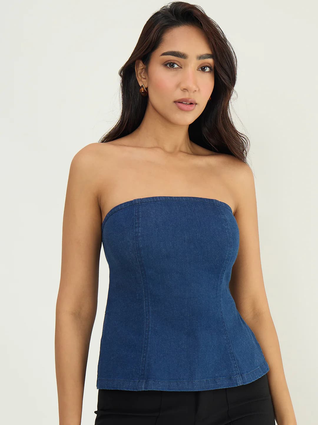 Women's Navy Casual Solid Regular Fit Off Shoulder Top