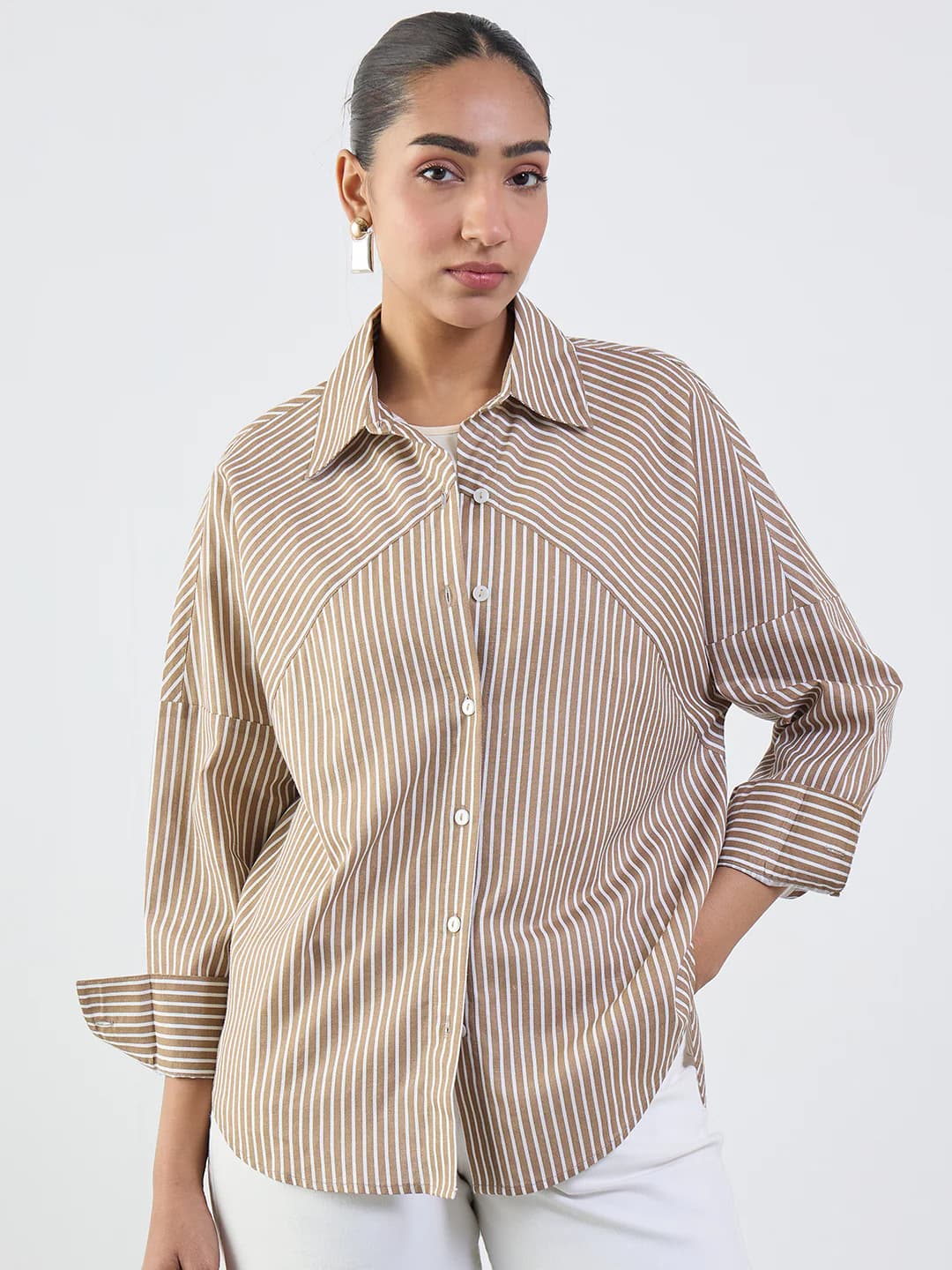 Women's Brown Casual Striped Oversized Fit Shirt