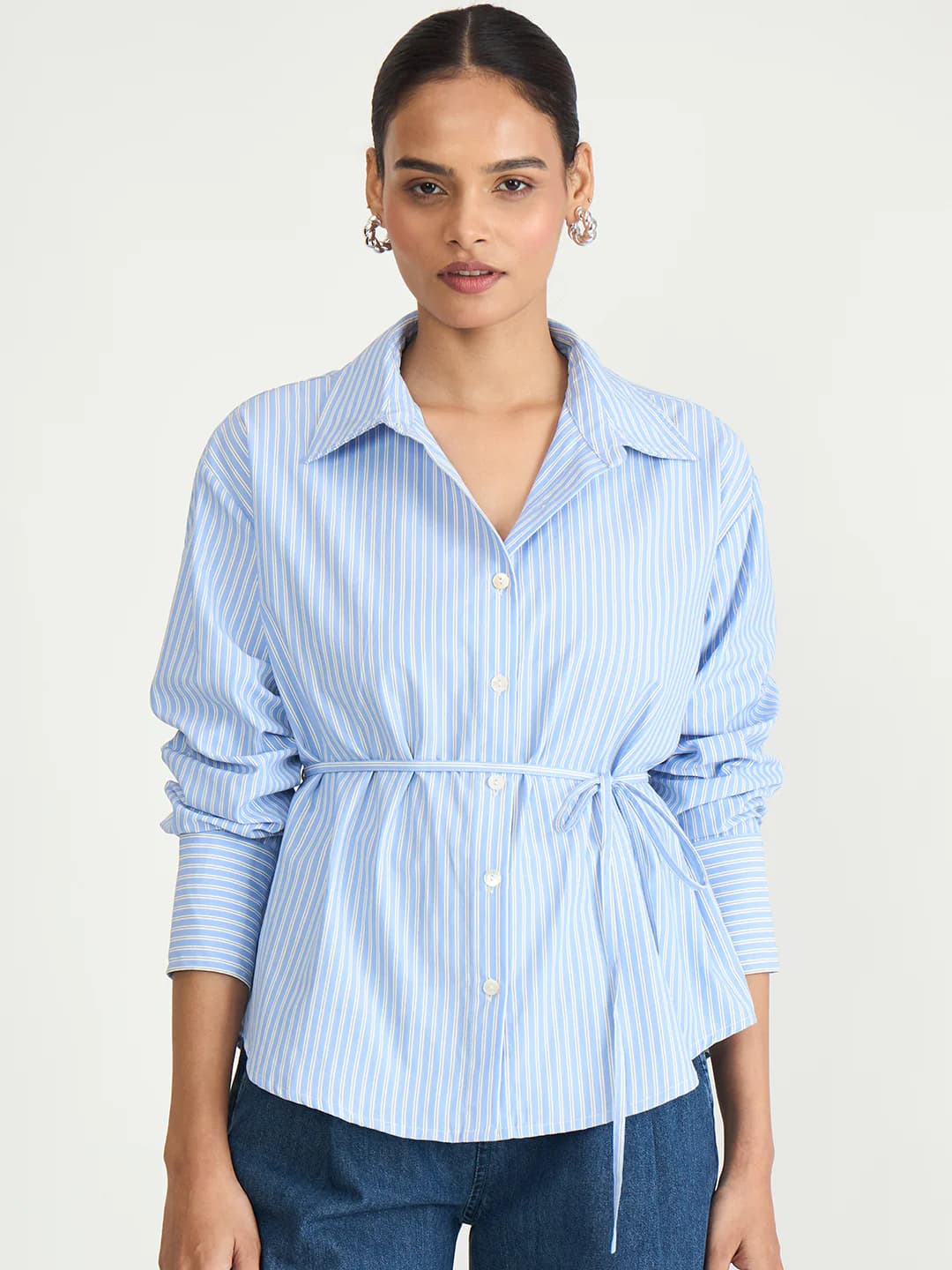 Women's Blue Casual Striped Oversized Fit Shirt