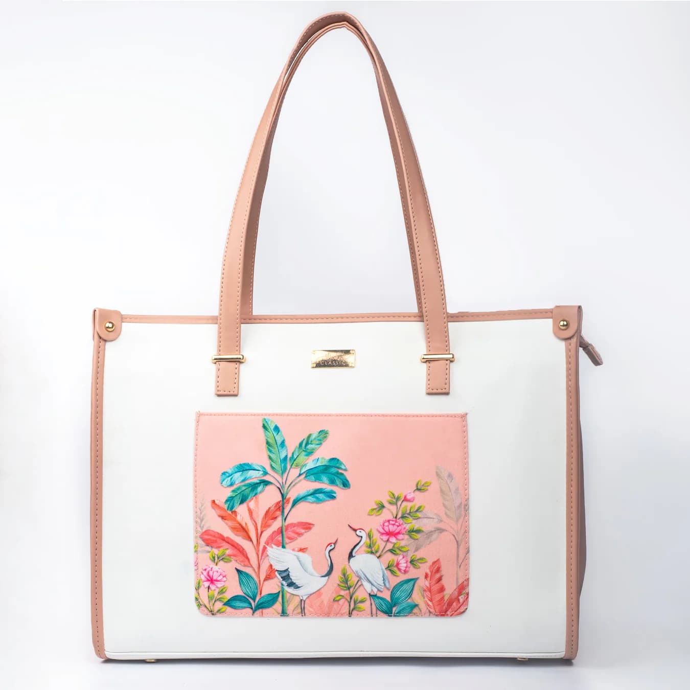 Women's Pink Floral No Vegan Leather Finish Tote Bag