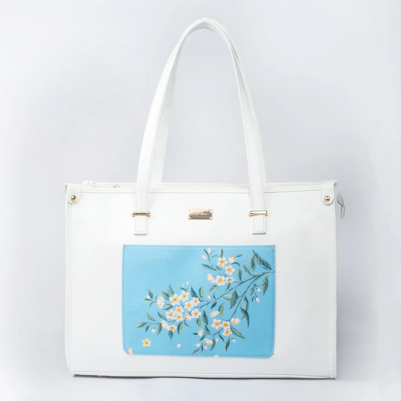 Women's Blue Floral No Vegan Leather Finish Tote Bag