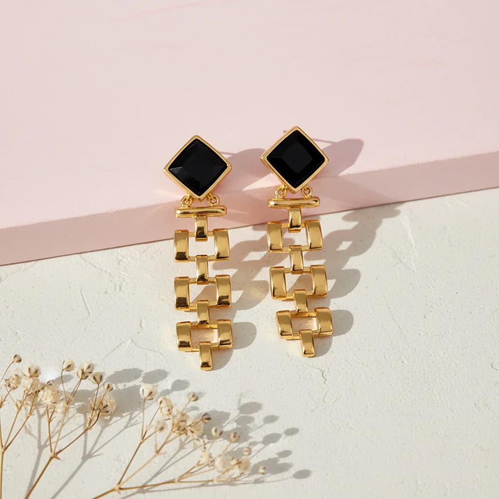 Women's Geometric Black Stone Drop Earrings with Gold Chain Link Design