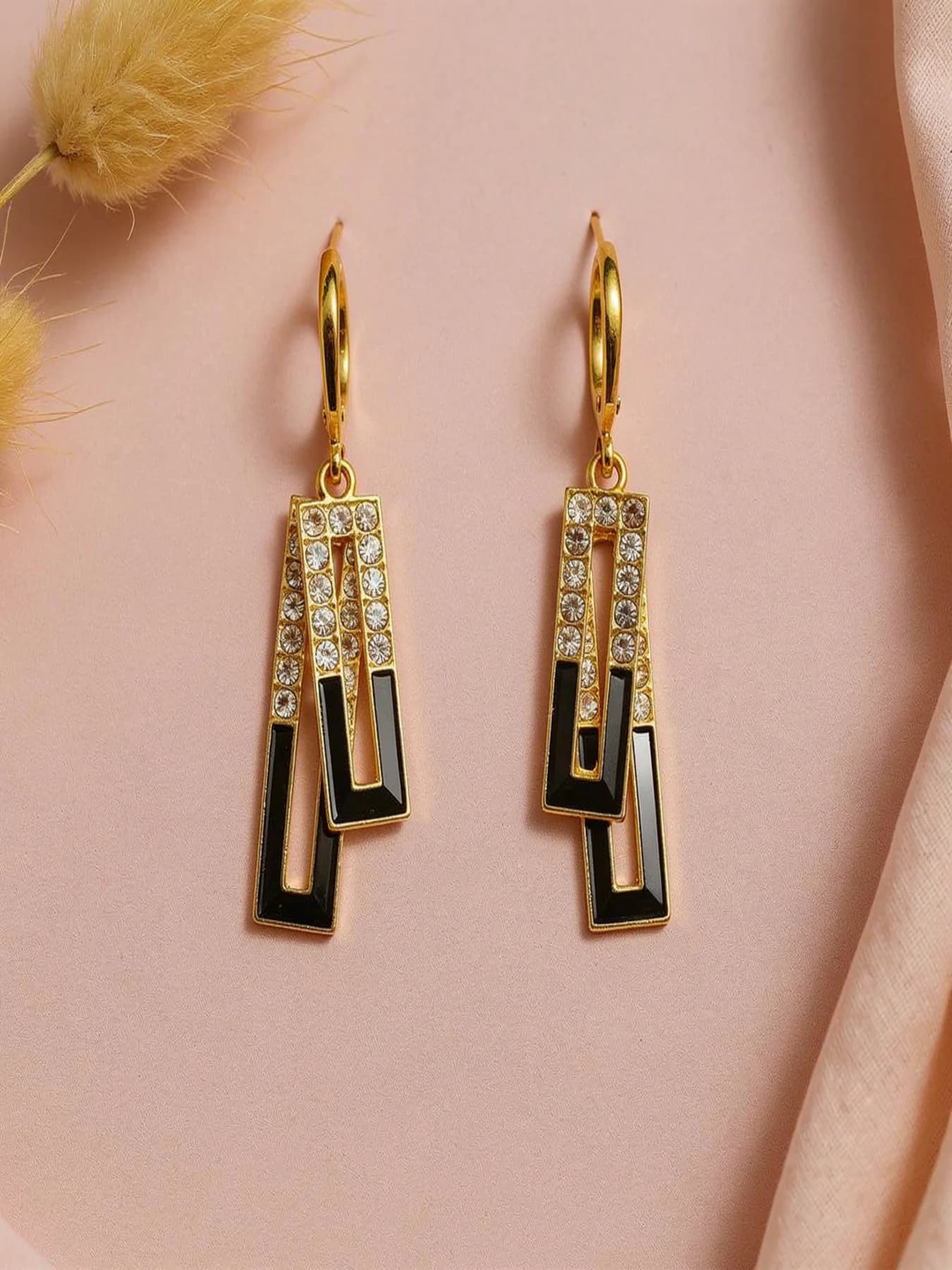 Women's Geometric Black and Crystal Drop Earrings with Gold-Tone Finish
