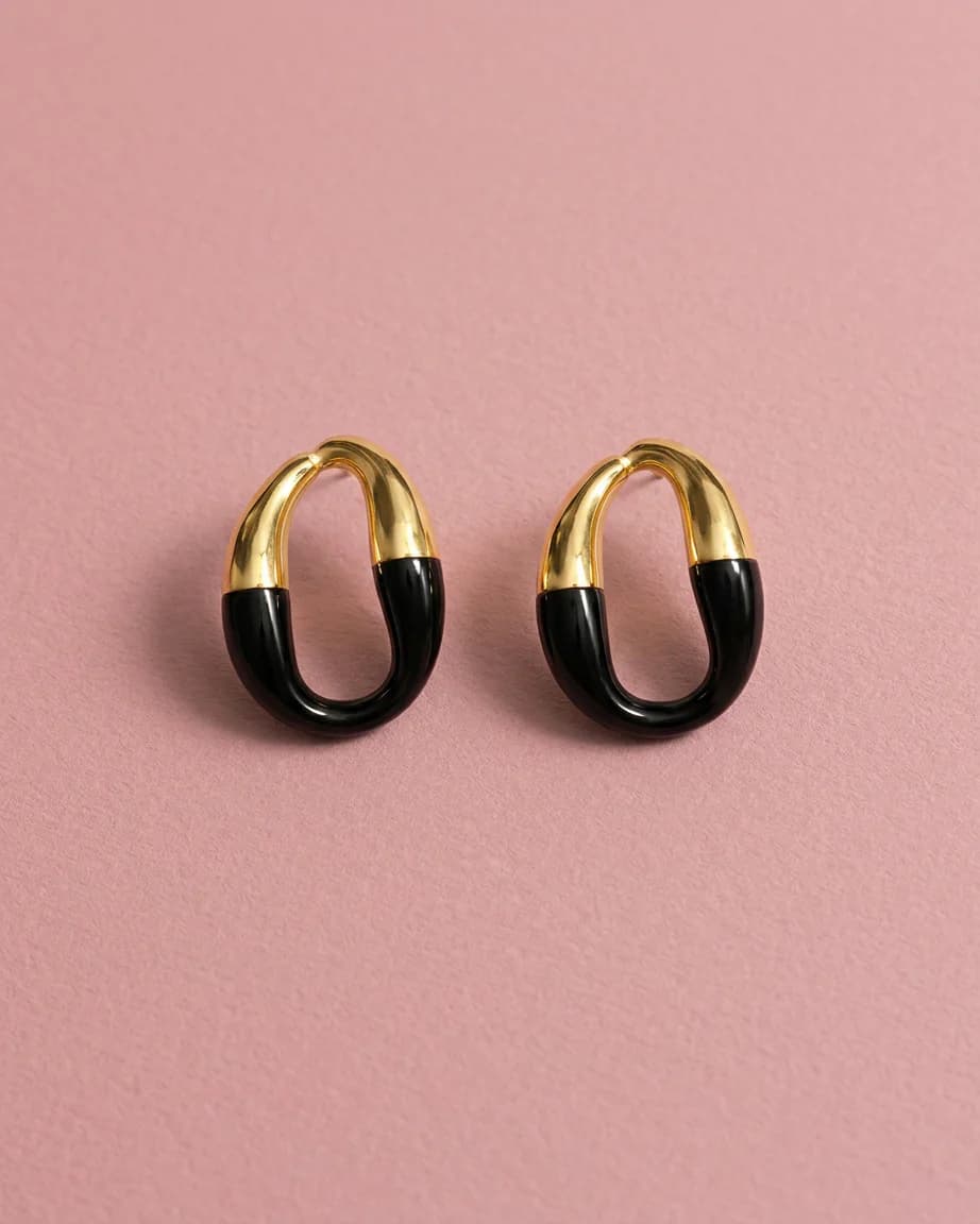 Women's Gold Tone and Black Emel Chunky Hoop Earrings