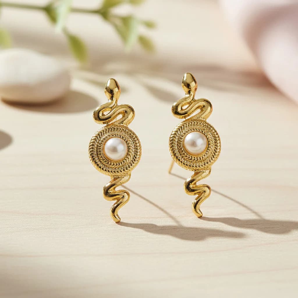 Women's and Girls Gold Tone Snake Pearl Drop Earrings