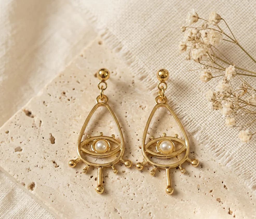 Women's and Girls Gold Tone Evil Eye Drop Earrings