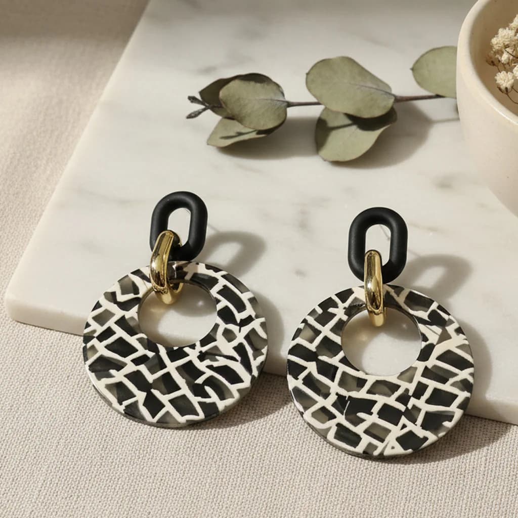 Women's Abstract Printed Round Drop Earrings with Black and Gold Detail Statement Earrings