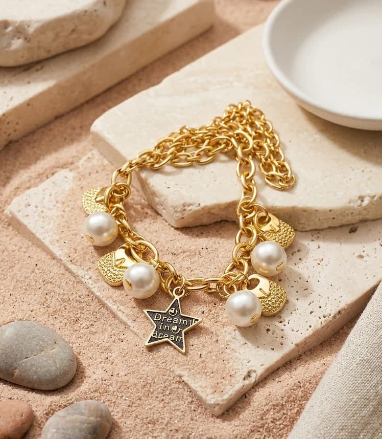 Women's Gold Plated Star and Pearl Charm Bracelet