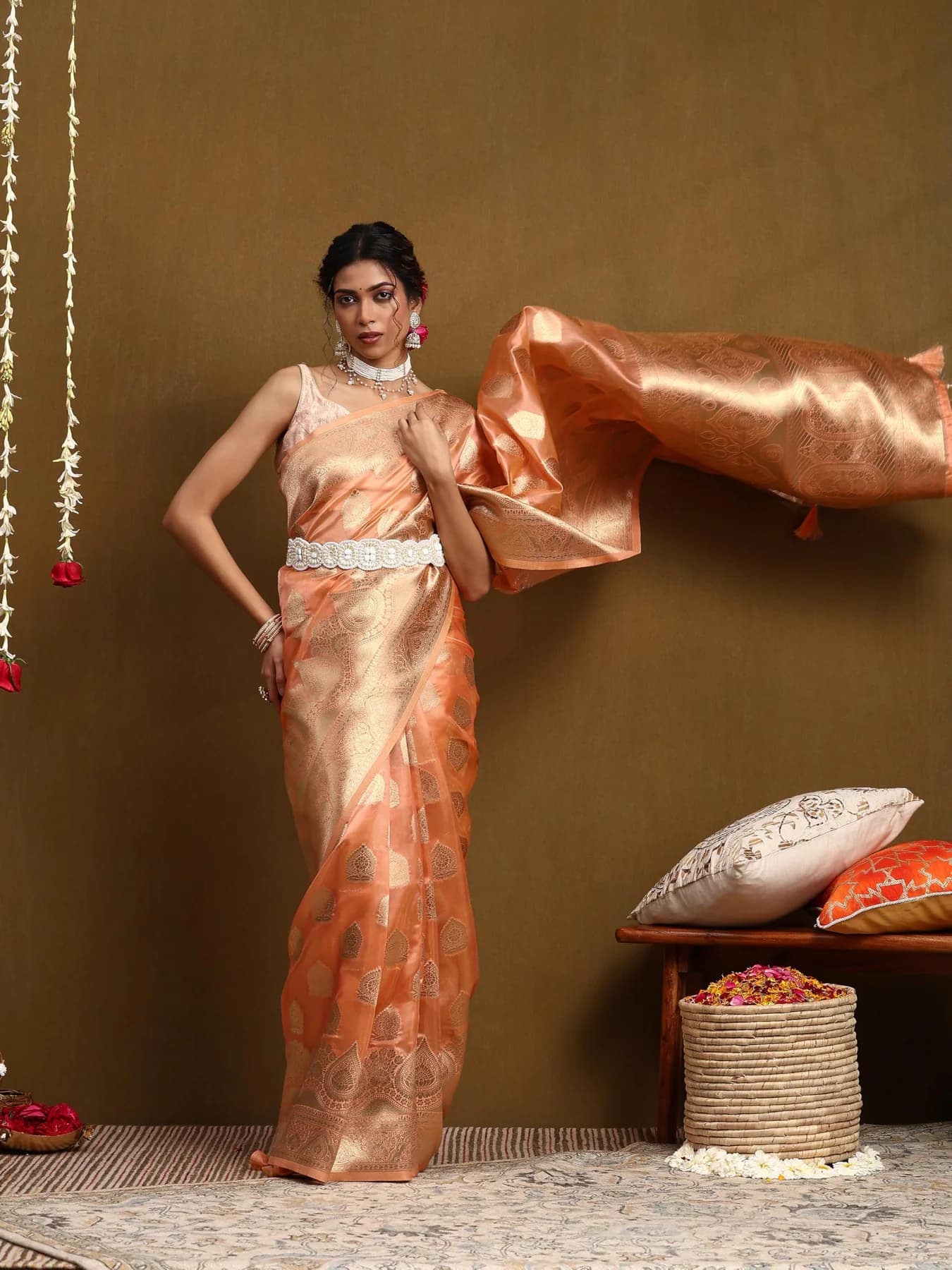 Women's Cotton Blend Floral Woven Design Orange Chanderi Saree with Unstitched Blouse Piece
