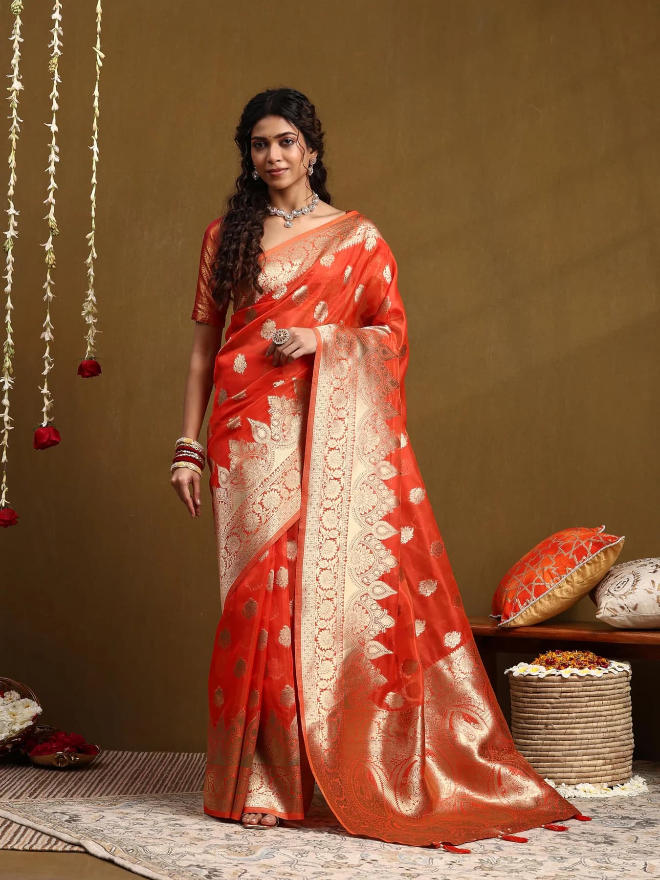 Women's Cotton Blend Floral Woven Design Orange Chanderi Saree with Unstitched Blouse Piece