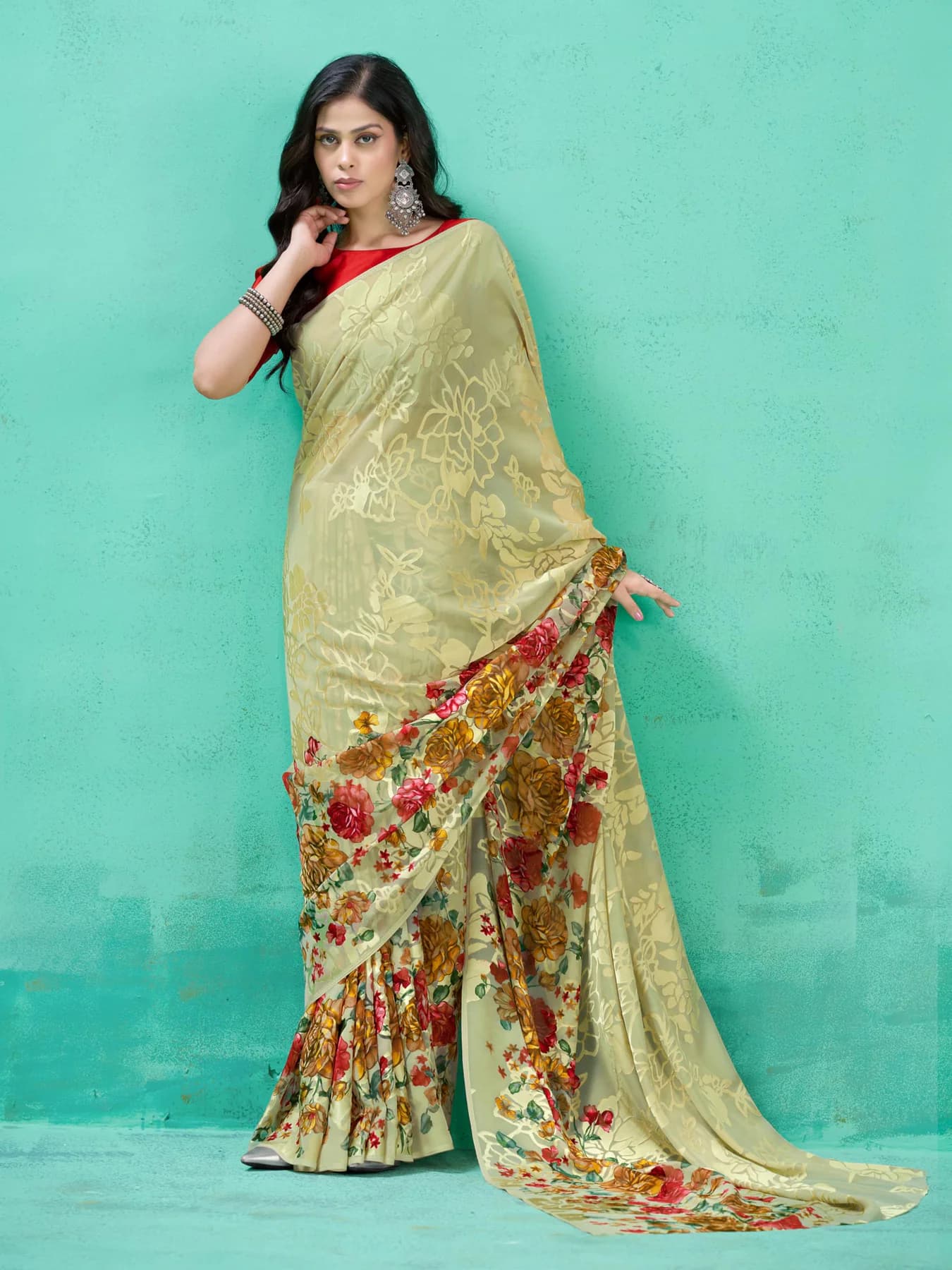 Women's Summer Roganza Viscose Brasso Green Floral Print Saree with Unstitched Blouse Piece