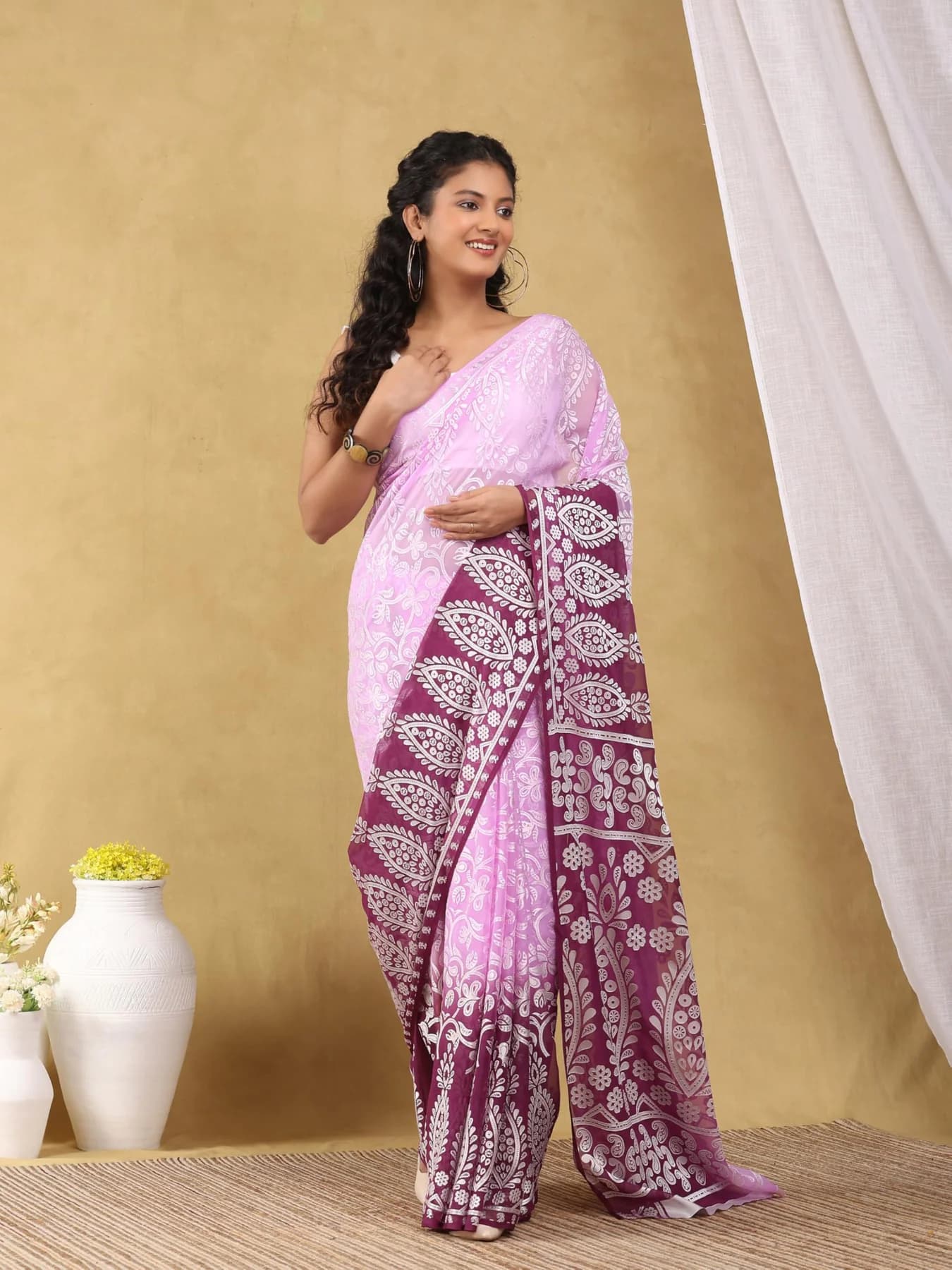 Women's Viscose Brasso Purple Floral Print Saree with Unstitched Blouse Piece