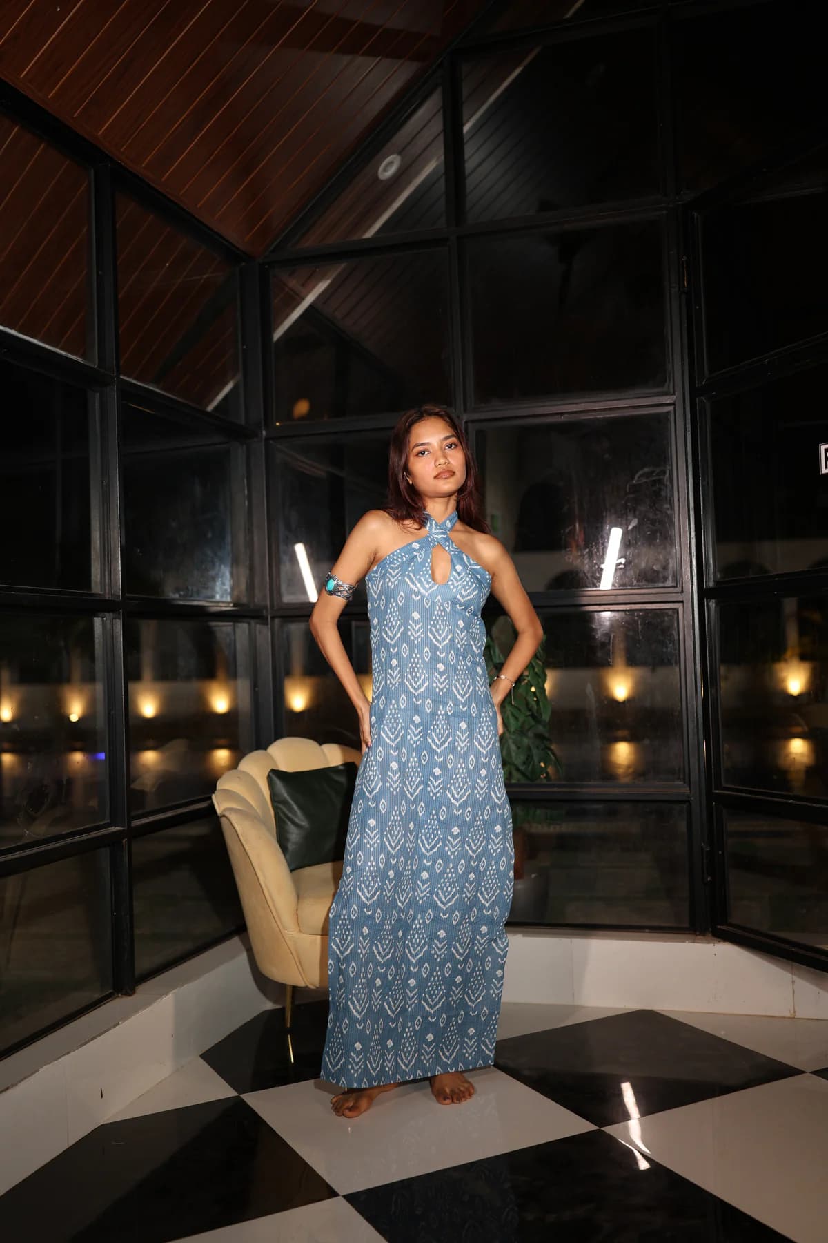 Women's Blue Party Printed Fit & Flared Halter Neck Dress