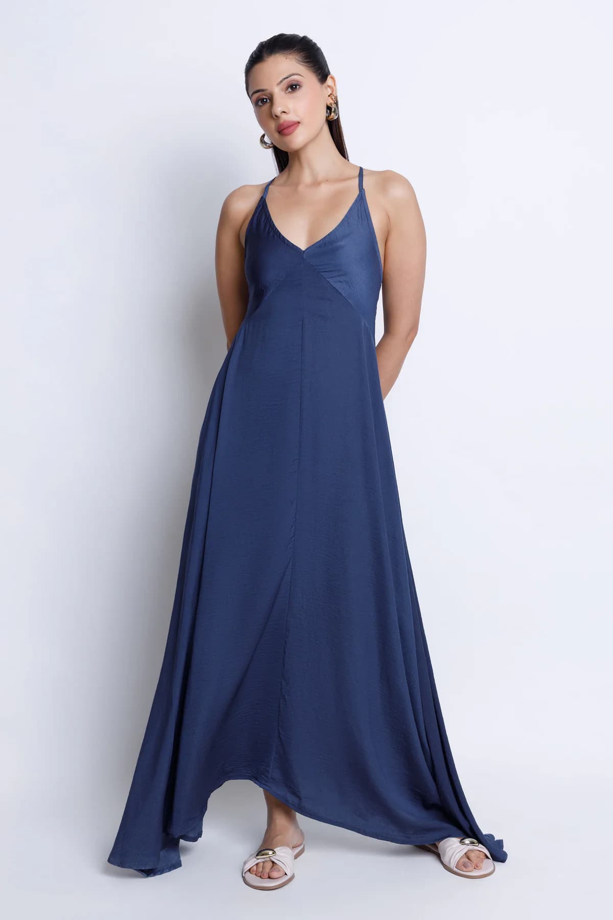 Women's Navy Casual Fit & Flared Solid Sleeveless Dress