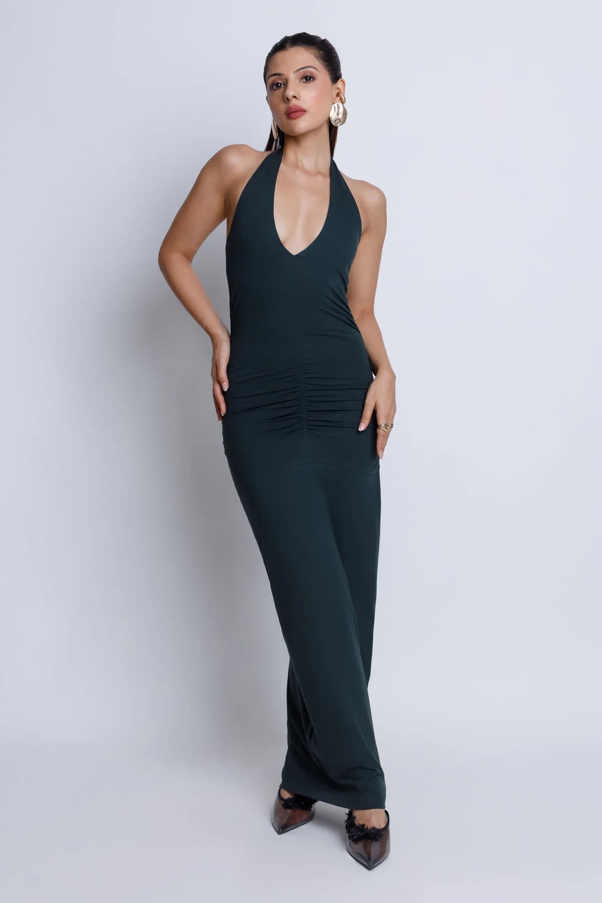 Women's Green Casual Slim Fit Solid Sleeveless Dress