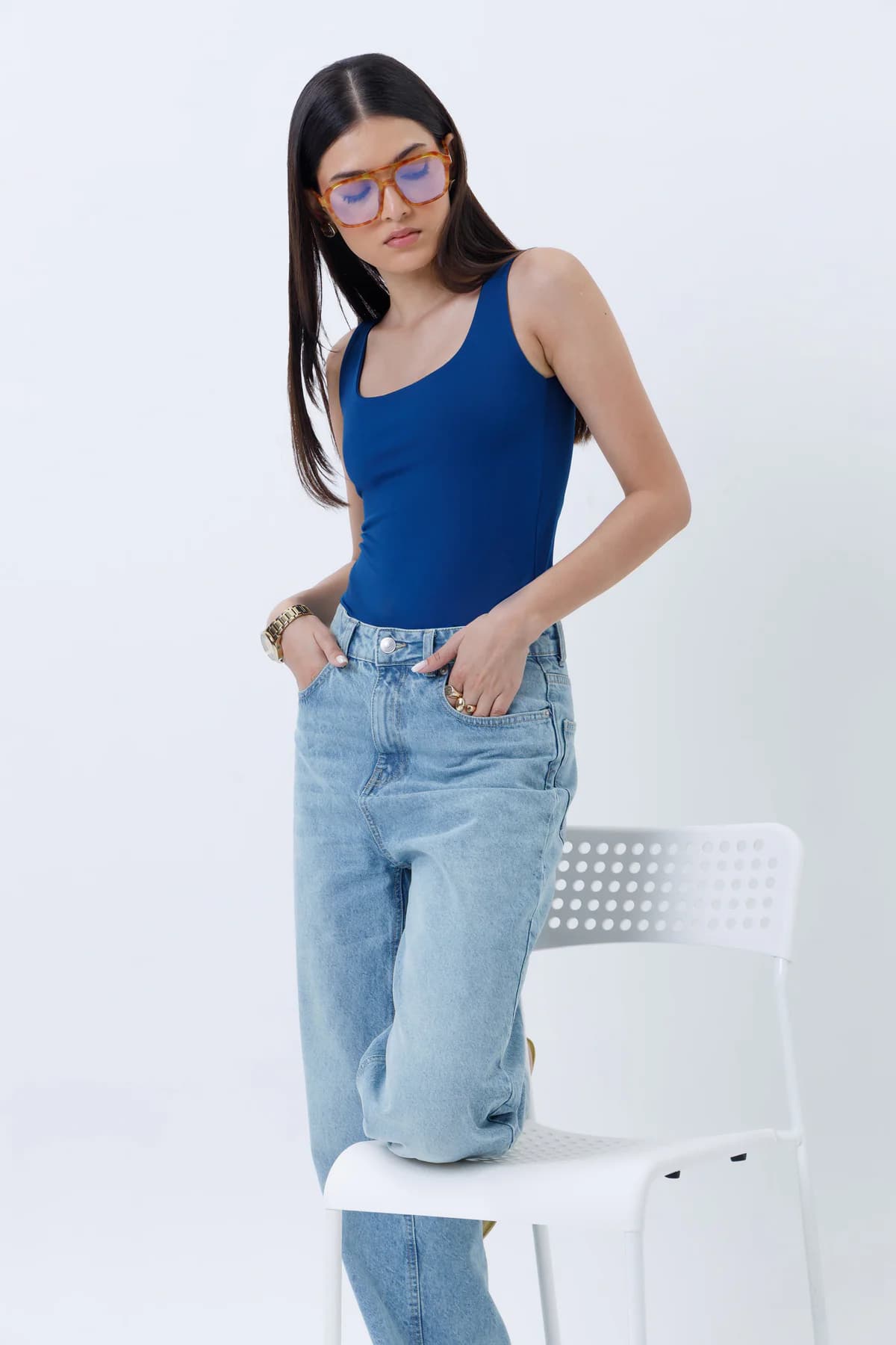 Women's Blue Casual Regular Fit Solid Sleeveless Tank