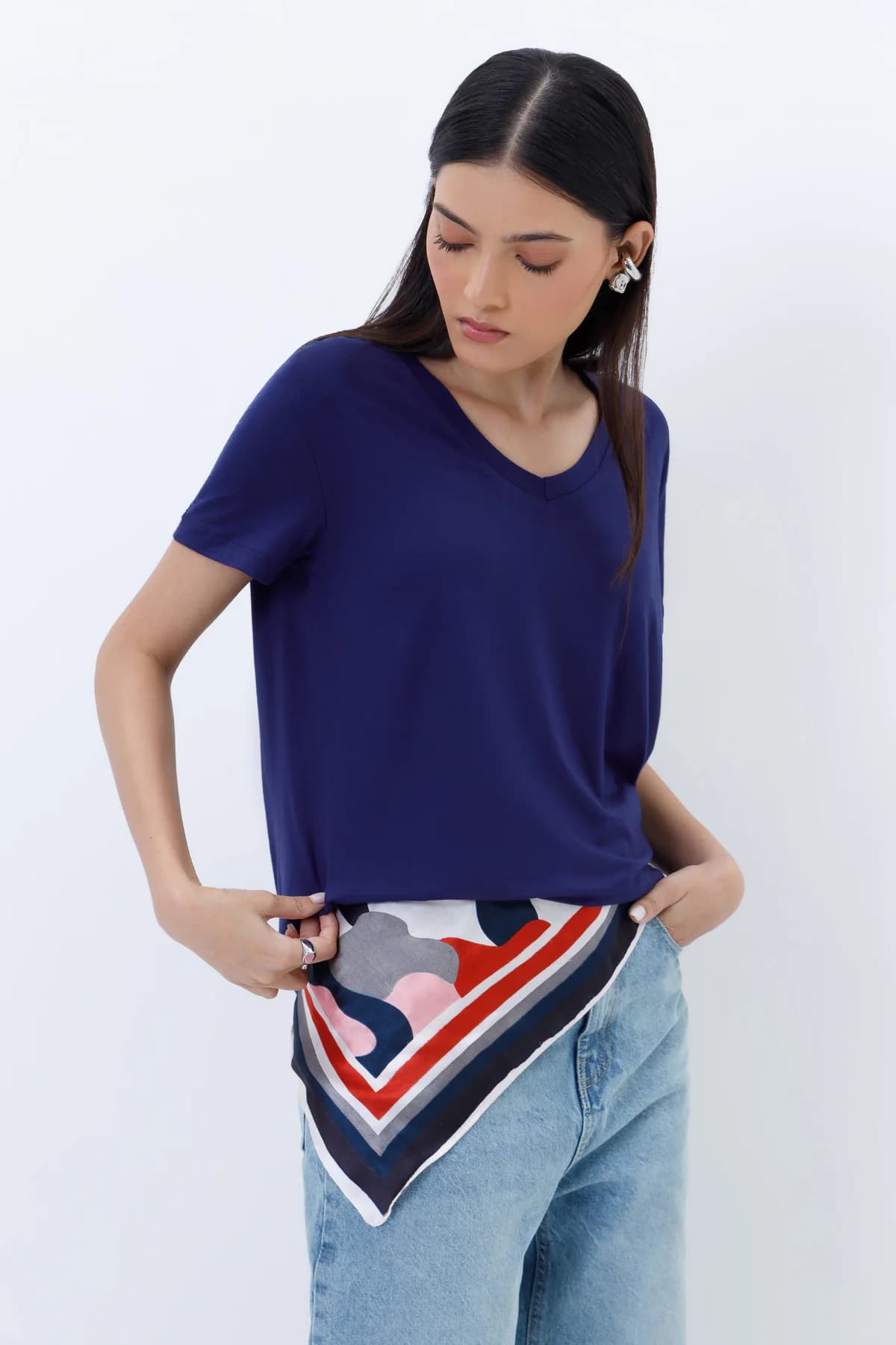 Women's Navy Casual Regular Fit Solid Half Sleeves Tshirt