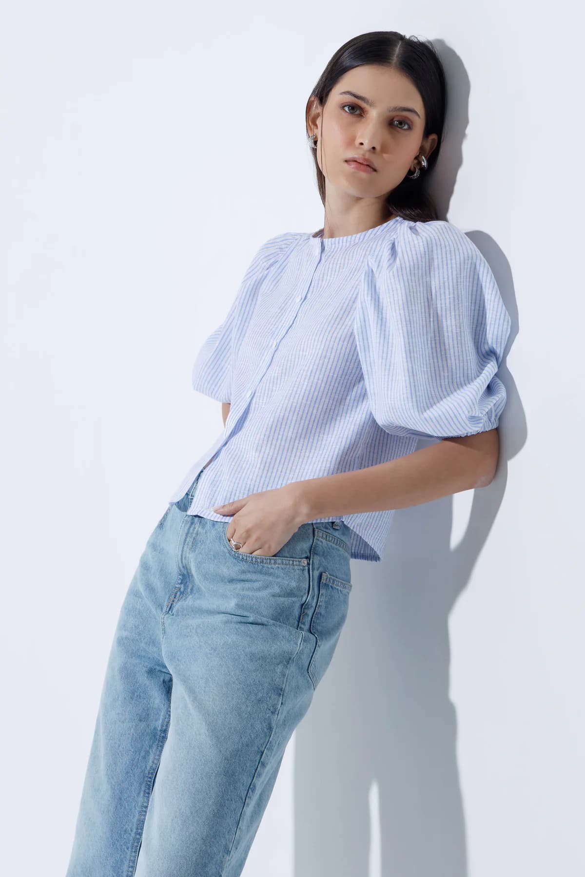 Women's Blue Casual Regular Fit Striped Half Sleeves Top