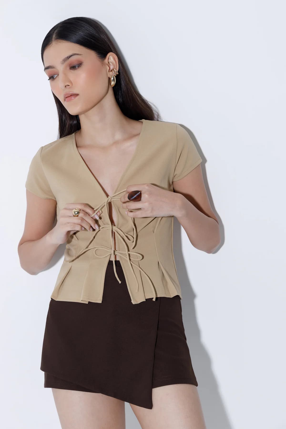 Women's Beige Casual Regular Fit Solid Half Sleeves Top