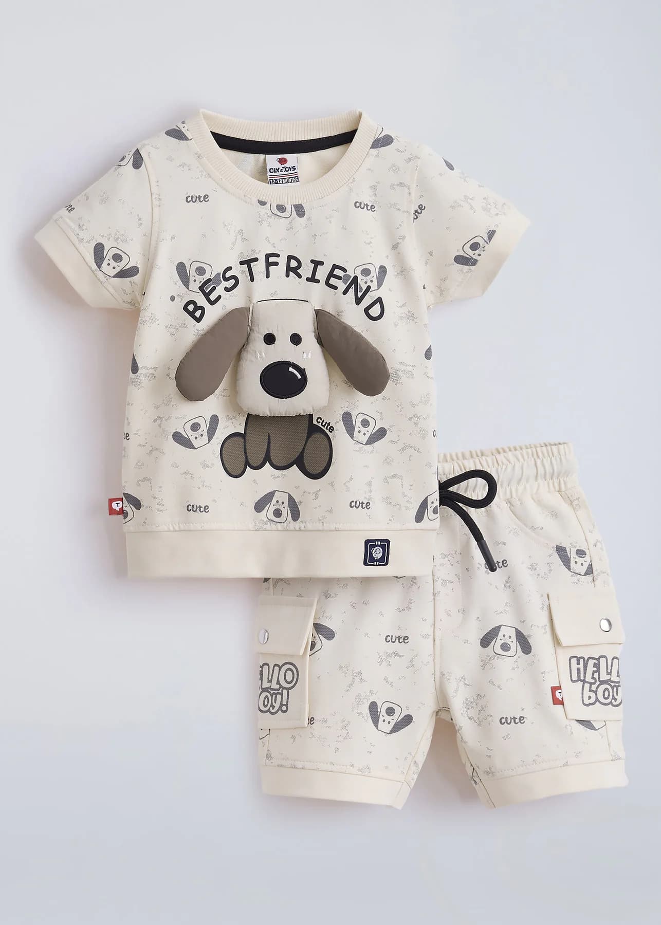 Boys Cream Party Printed Regular Fit Tshirt with Printed Mid Rise Shorts