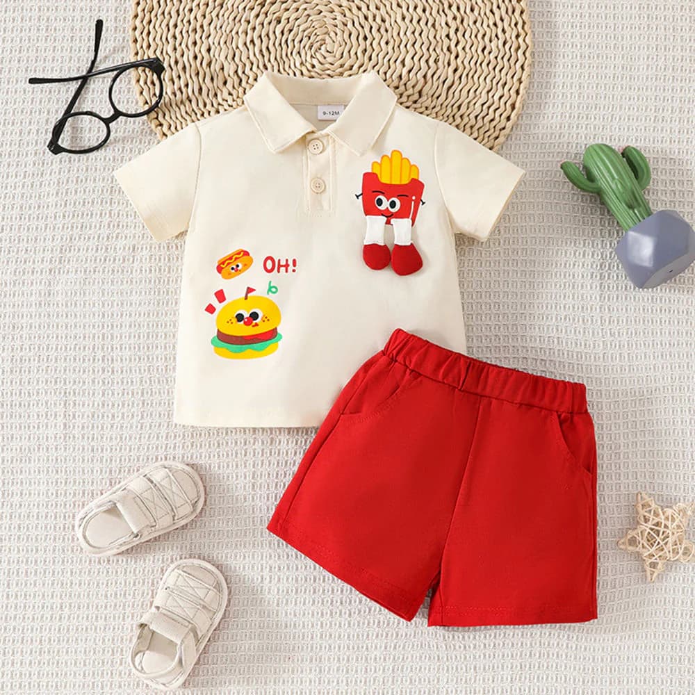 Boys Cream And Orange Party Graphic Regular Fit Spread Collar Tshirt with Solid Mid Rise Shorts