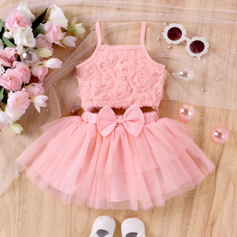 Girls Pink Party Self-Design Regular Fit Square Neck Top with Self-Design Mid Rise Skirt