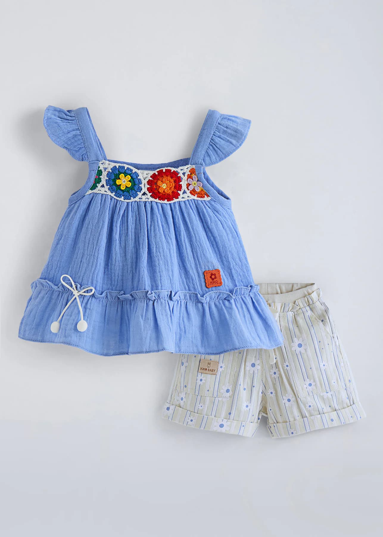 Girls Blue And White Party Textured Regular Fit Square Neck Top with Self-Design Mid Rise Shorts