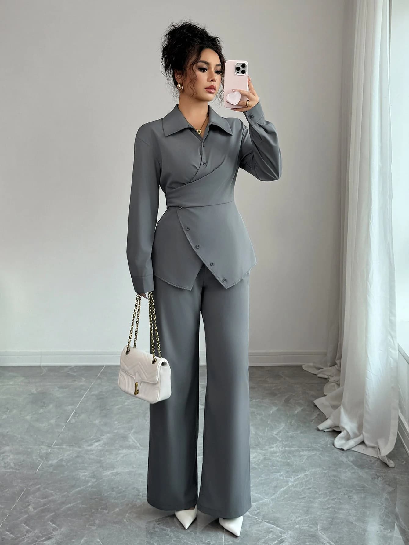 Women's Grey Casual Full Sleeves Shirt with Trouser Slim Fit Woven Co-ords Set