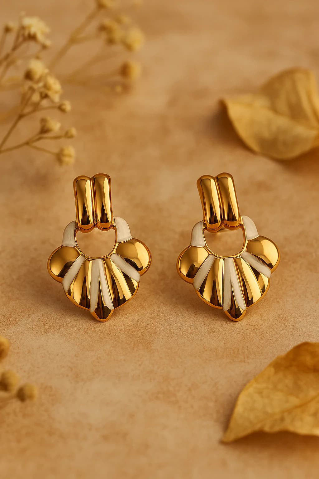Women's Gold-Tone Floral Stainless Steel Stud Earrings with Ivory Accents