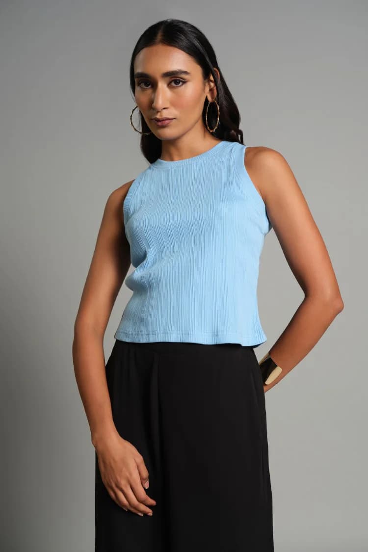 Women's Blue Casual Textured Top