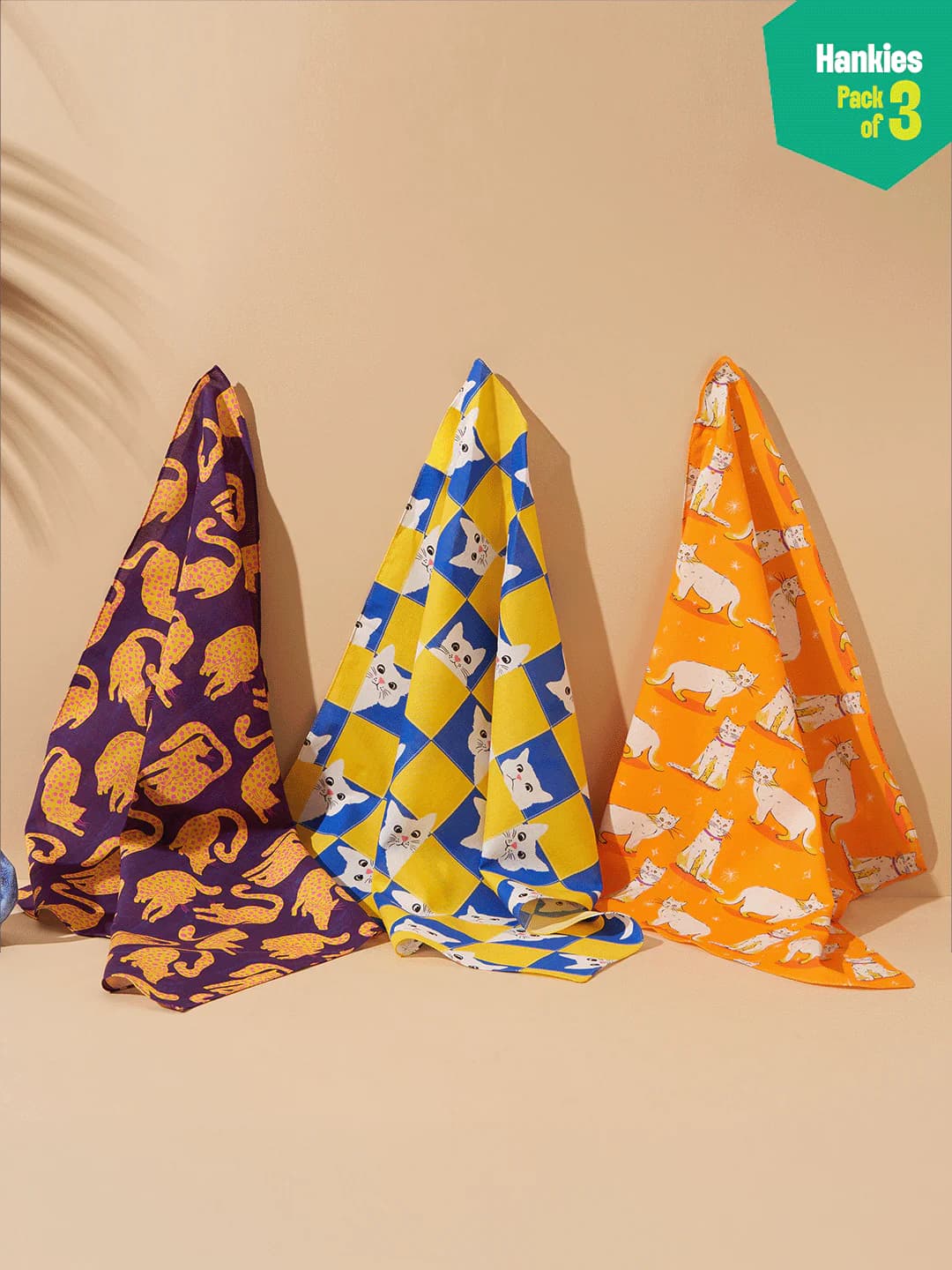 Unisex Trendy Cats Printed Hankies As Bandana - 100% Organic Cotton - Pack of 3