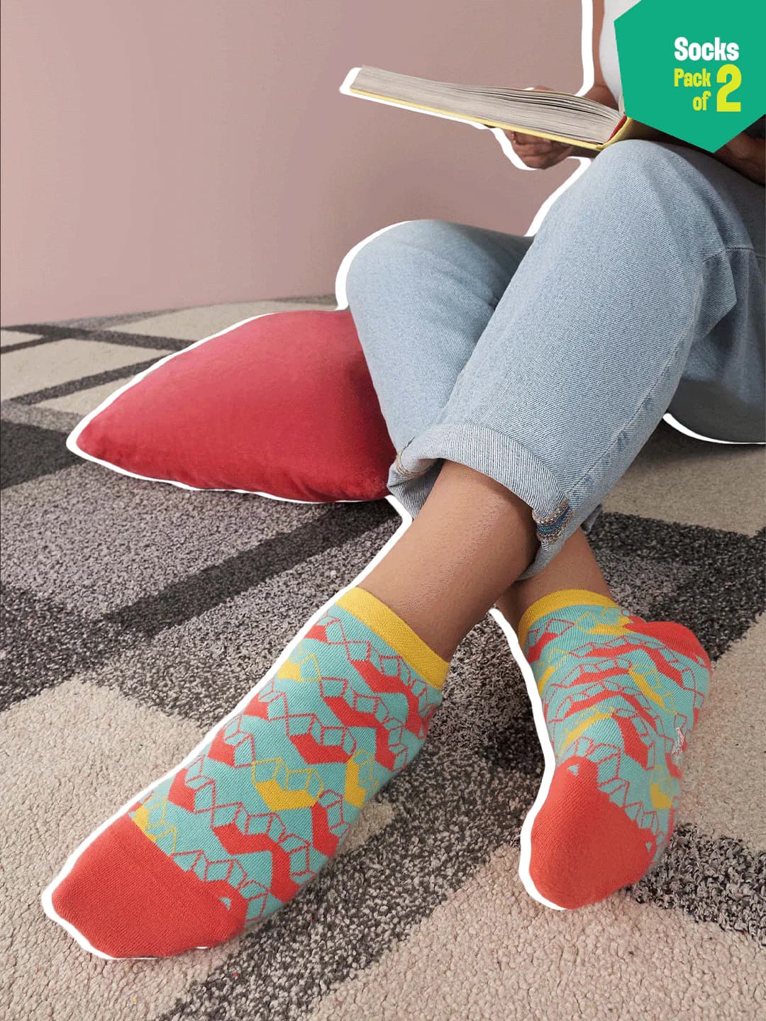 Unisex Multicolor Geometry Ankle Length Socks - 100% Organic Cotton - Pack of 2
