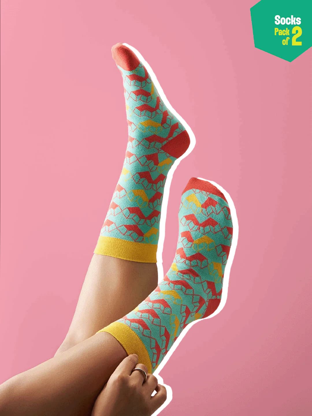 Unisex Multicolor Geometry Crew Length Socks - 100% Organic Cotton - Pack of 2