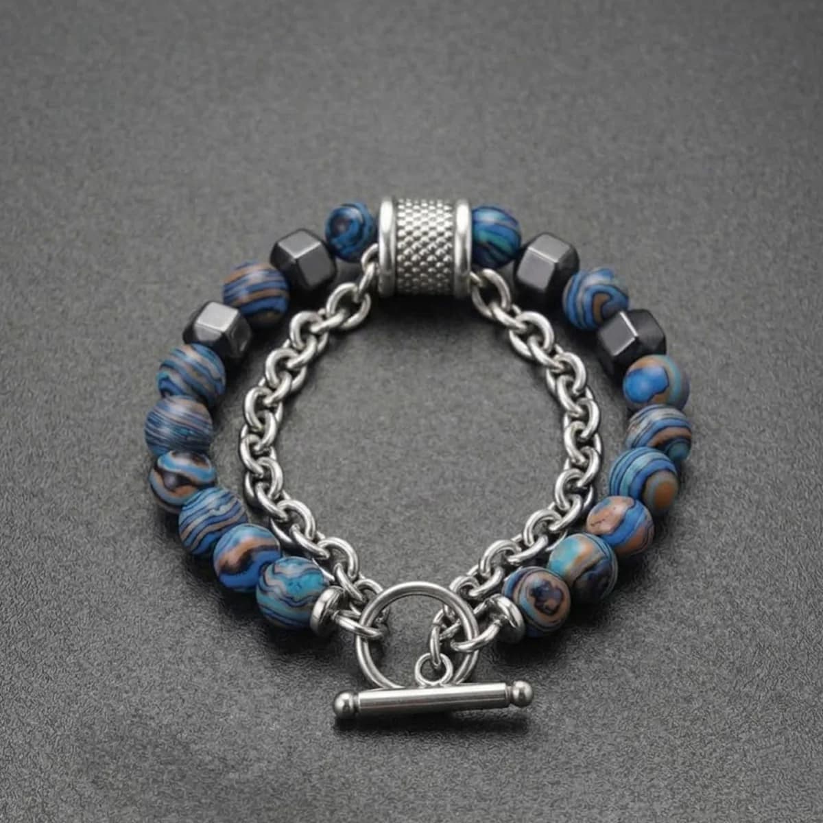 Men's Stainless Steel Beaded Bracelet Blue Stone Beads with Chain Design Anti-Tarnish