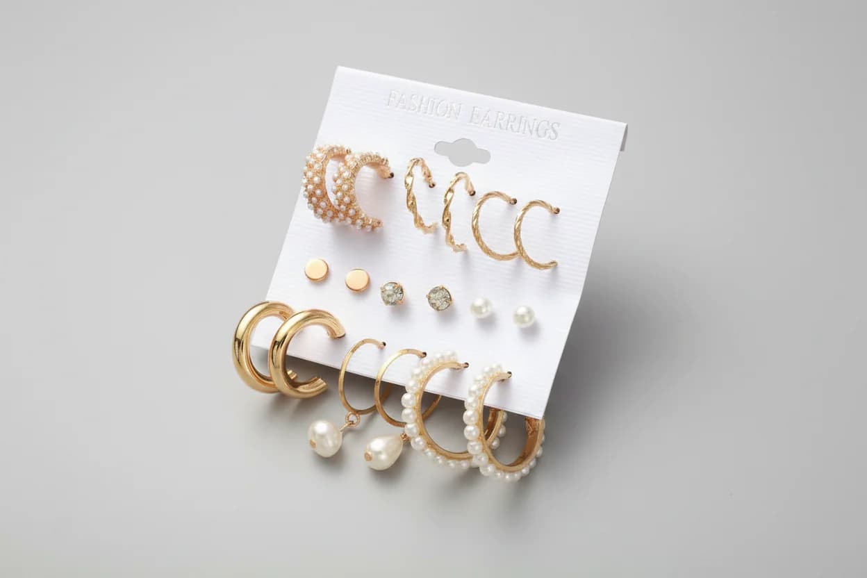 Women's Gold Chunky Real Freshwater Pearl Hoops and Studs - Set of 9
