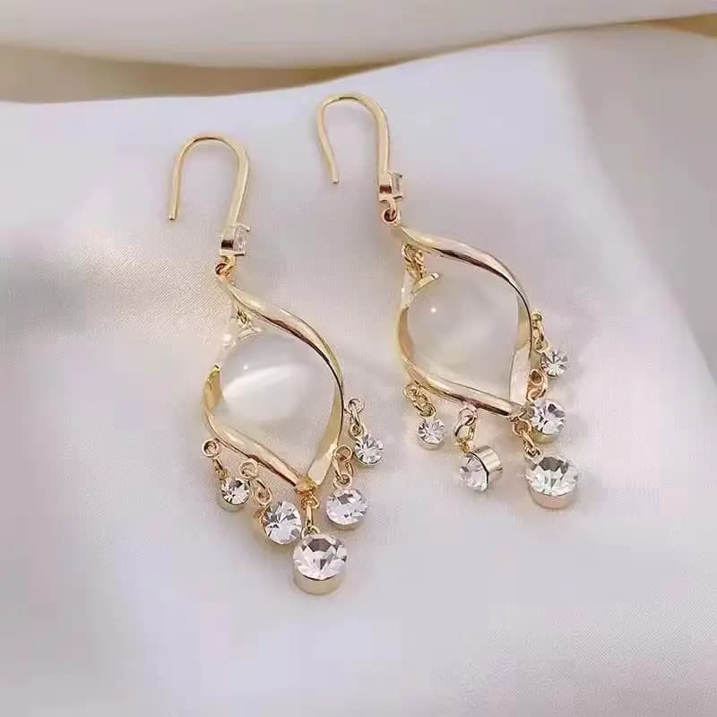 Women's Stylish Gold Bow Stud Long Chain Earrings with White Flower Drop