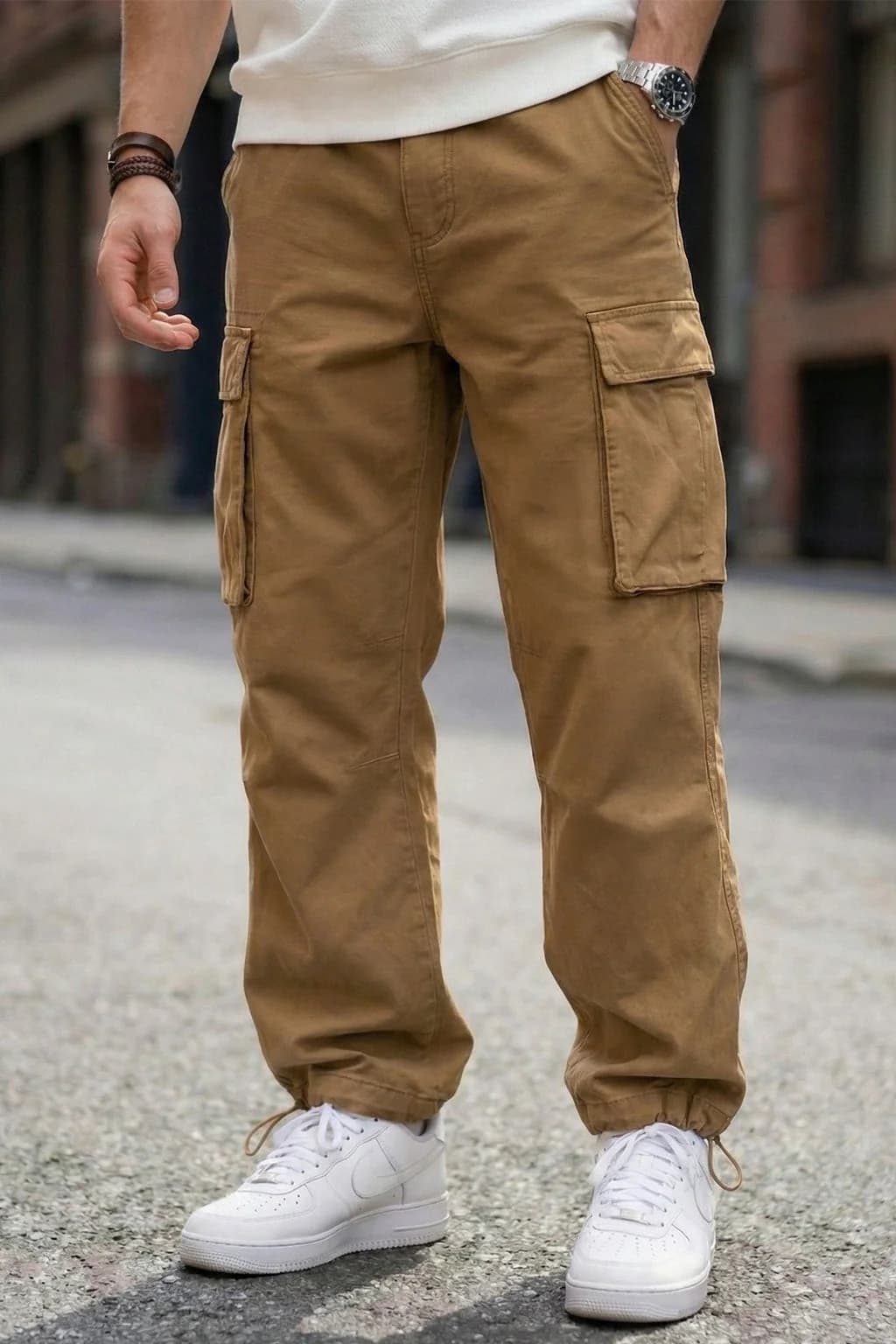 Men's Brown Casual Regular Fit Solid Cotton Cargo
