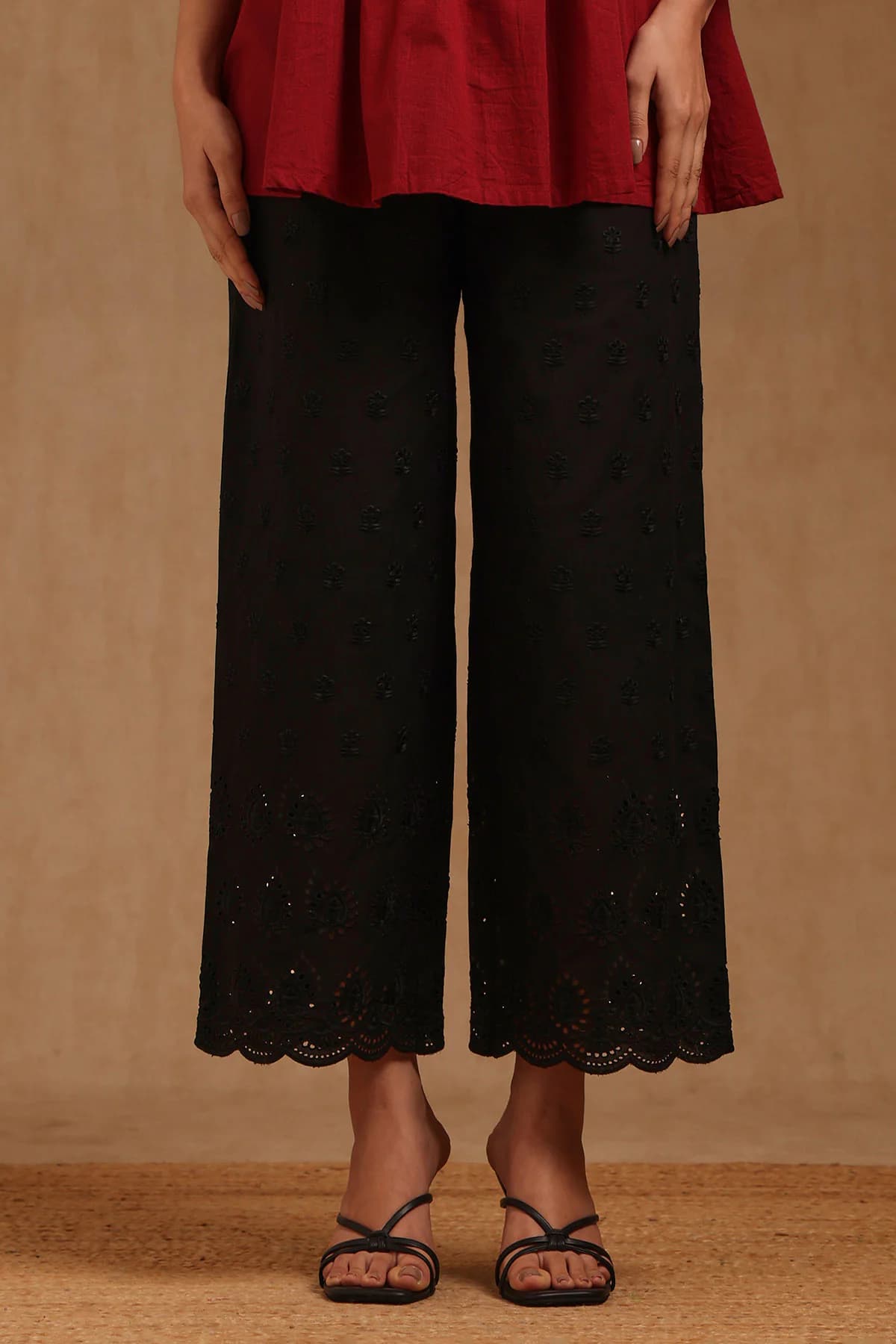 Women's Black Casual Embroidered Regular Fit Palazzo