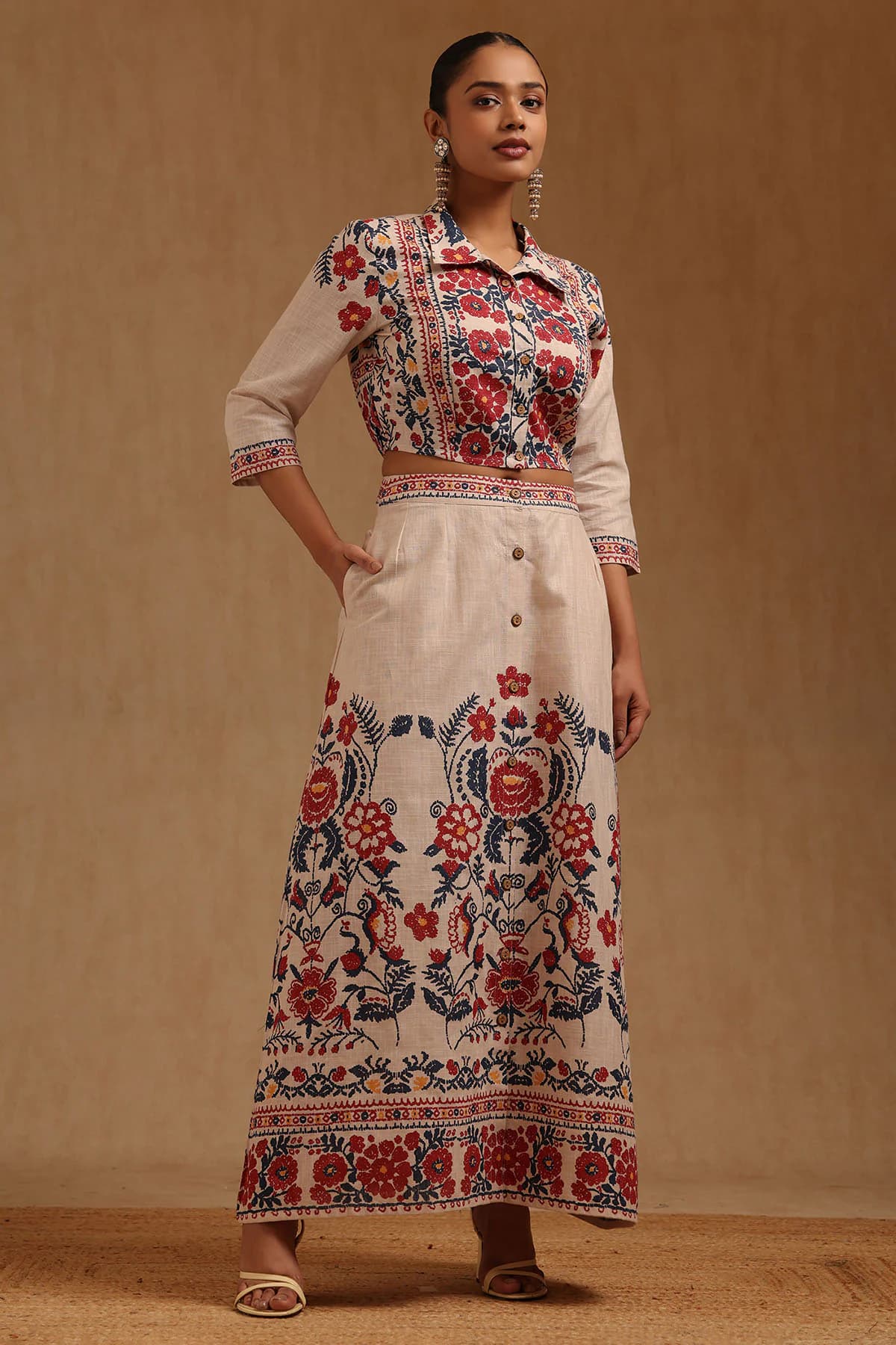 Women's Beige Casual Floral Flared Spread Collar Top With Skirt