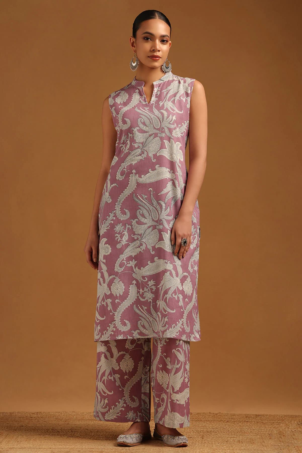 Women's Pink Casual Printed Straight Mandarin Collar Kurta With Palazzo