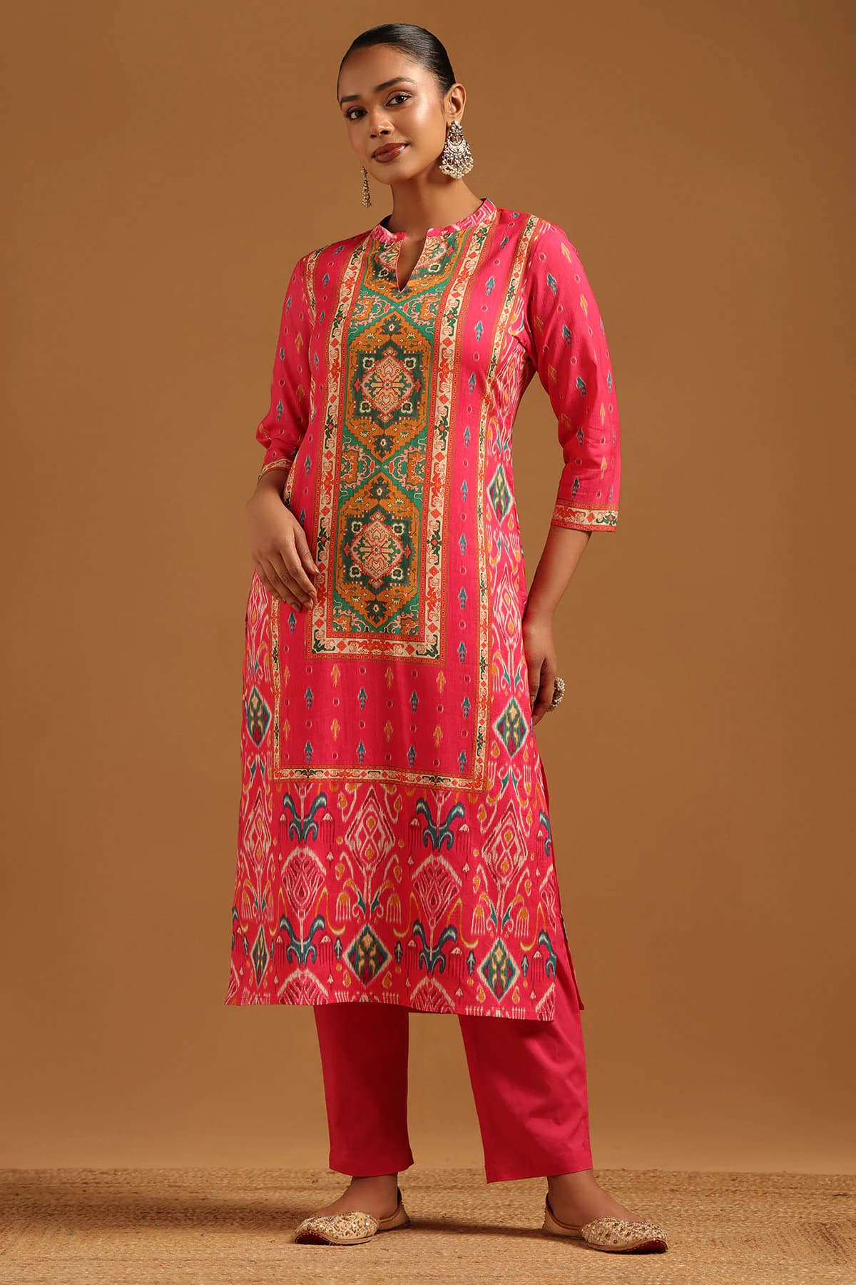 Women's Pink Festive Printed Mandarin Collar Kurta With Pant