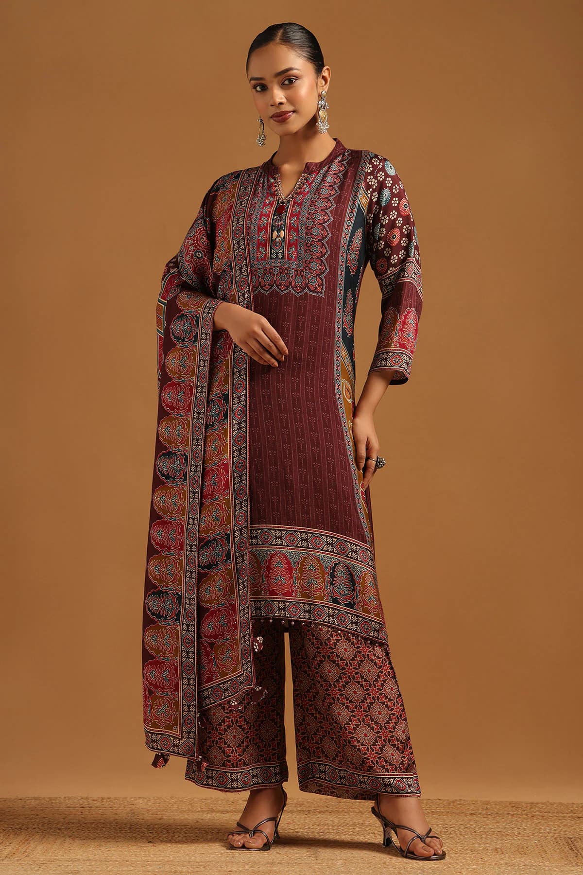 Women's Red Festive Printed Mandarin Collar Kurta With Palazzo