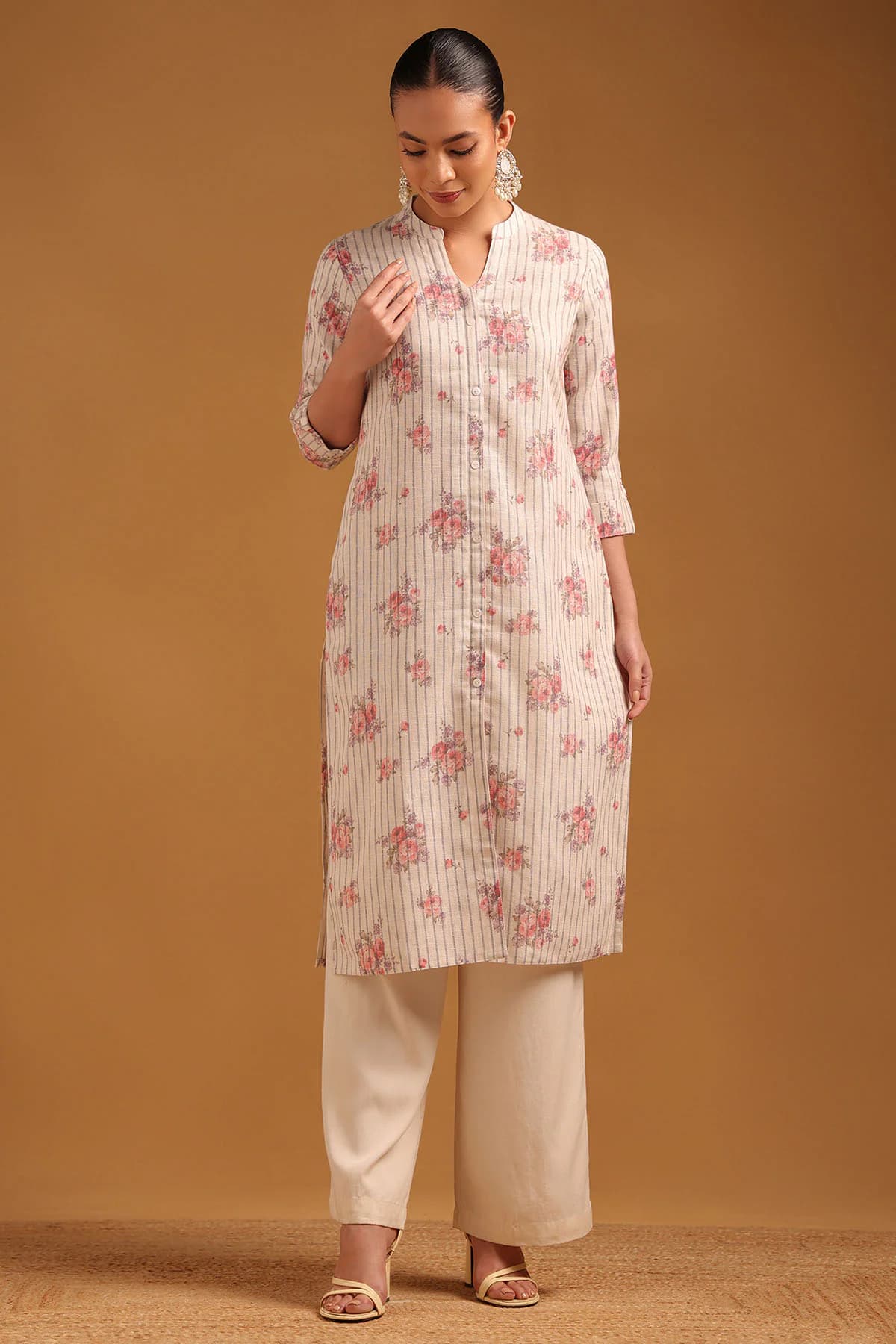 Women's Cream Casual Floral Ethnic Kurta