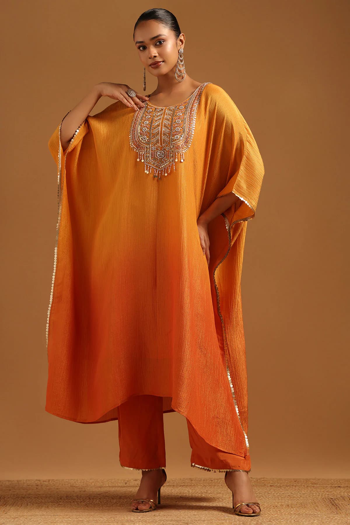 Women's Orange Casual Sequins Ethnic Kurta Set