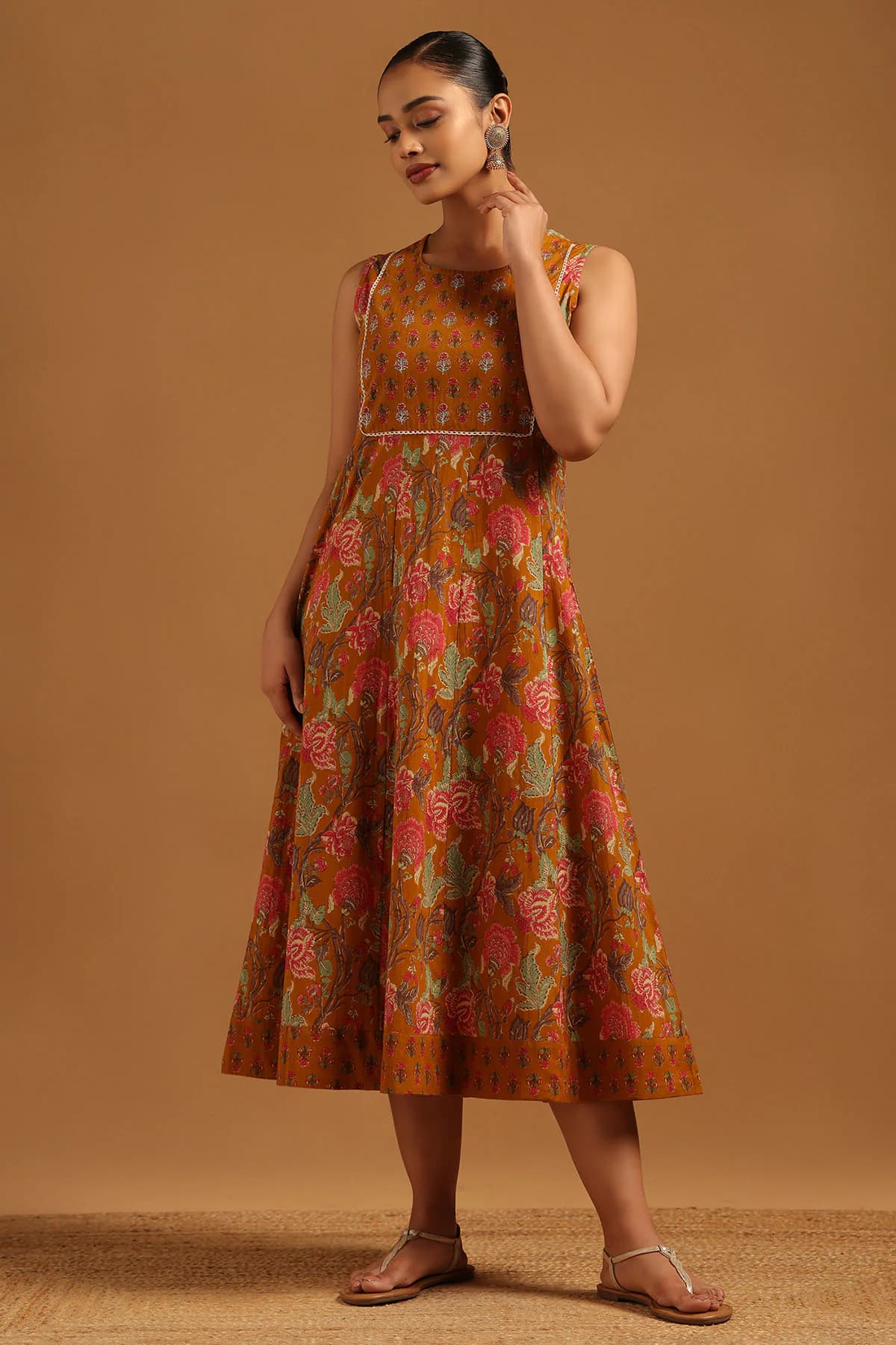 Women's Yellow Festive Printed Fit & Flared Round Neck Dress