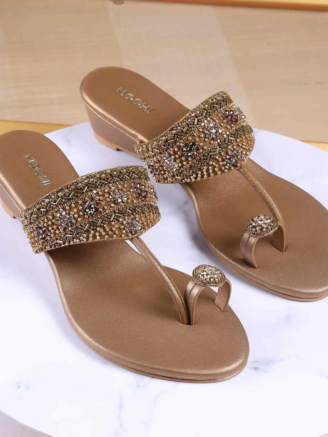 Women's Gold Casual Synthetic Kolhapuri Chappal