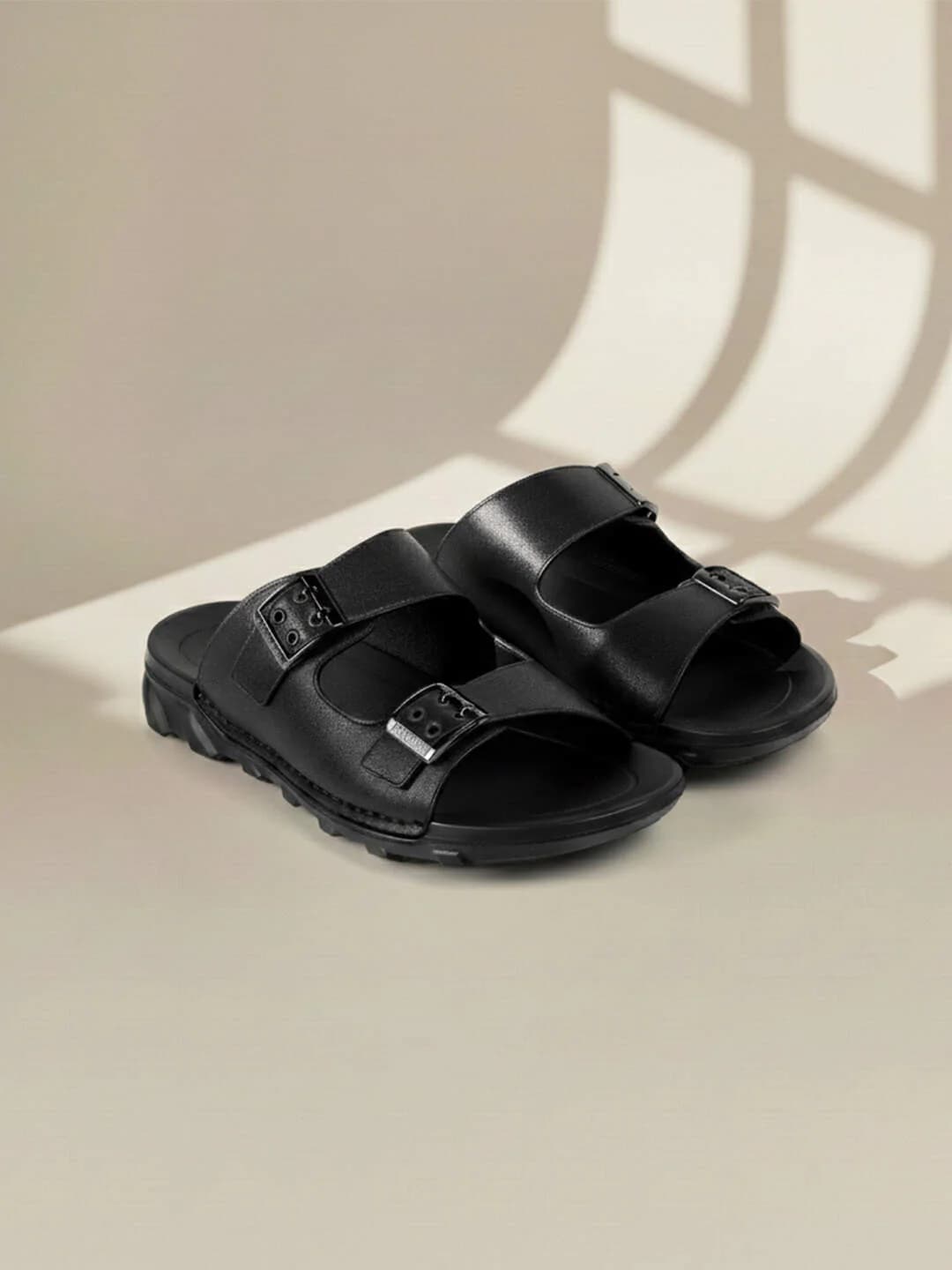 Men's Black Casual Leather Slip-Ons Open Toe Sandals