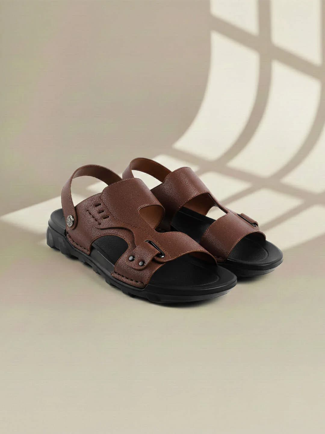 Men's Brown Casual Leather Slip-Ons Open Toe Sandals
